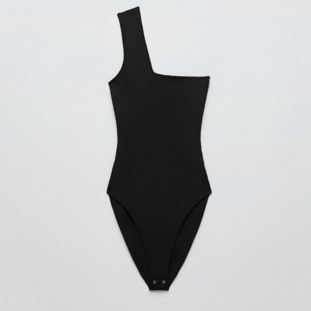Zara One Shoulder Asymmetrical Black Bodysuit